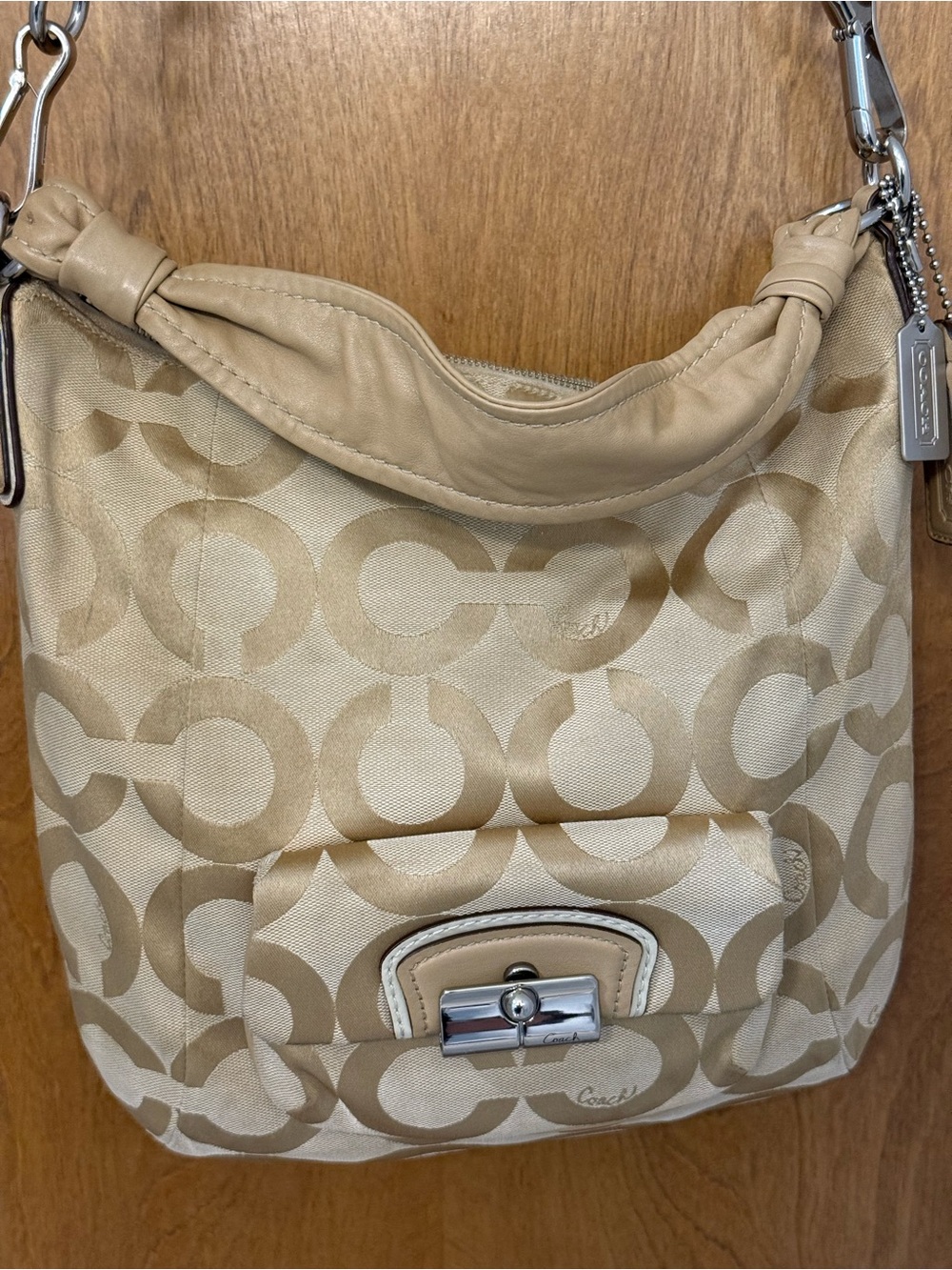Coach Kristin 14913 Op Art Signature Hobo Shoulder Bag Khaki Beige Jacquard